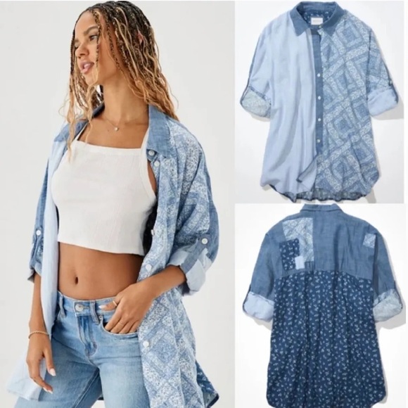 American Eagle Outfitters Tops - American Eagle Oversized Linen Chambray Patchwork Button Down Shirt Size M